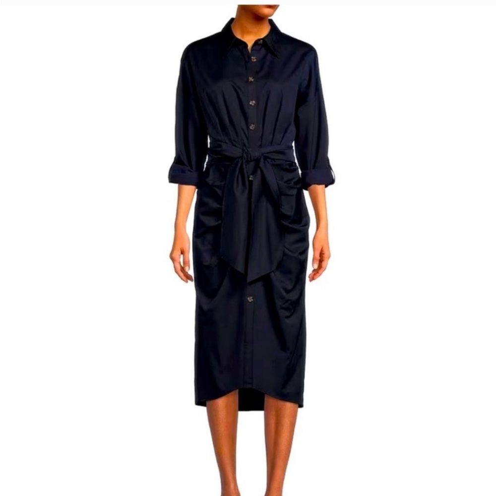 NWT Antonio Melani Roxanne Point Collar Ruched Tie Waist Button Front Dress